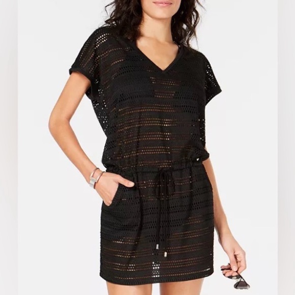 Calvin Klein Black Cut-Out Striped Eyelet Drawstring Tunic Swim Cover-Up Dress - Picture 1 of 16